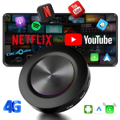 Adaptor Wireless CarPlay & Android Auto goBERA® AI Box cu Android 15, 8GB RAM + 128GB Stocare, Procesor Qualcomm Octa-Core 6350, Slot 4G SIM, Redare 4K, Ambient Light 7 Culori, Plug & Play