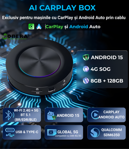 Adaptor Wireless CarPlay & Android Auto goBERA® AI Box cu Android 15, 8GB RAM + 128GB Stocare, Procesor Qualcomm Octa-Core 6350, Slot 4G SIM, Redare 4K, Ambient Light 7 Culori, Plug & Play [2]