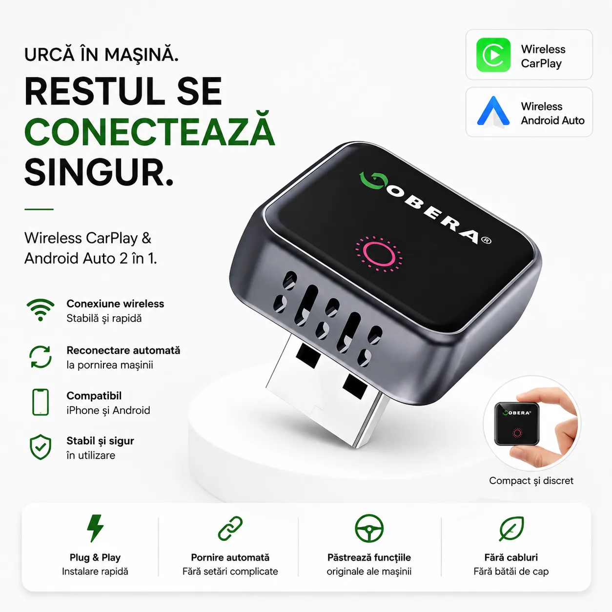 Adaptor goBERA Mini Wireless CarPlay și Android Auto