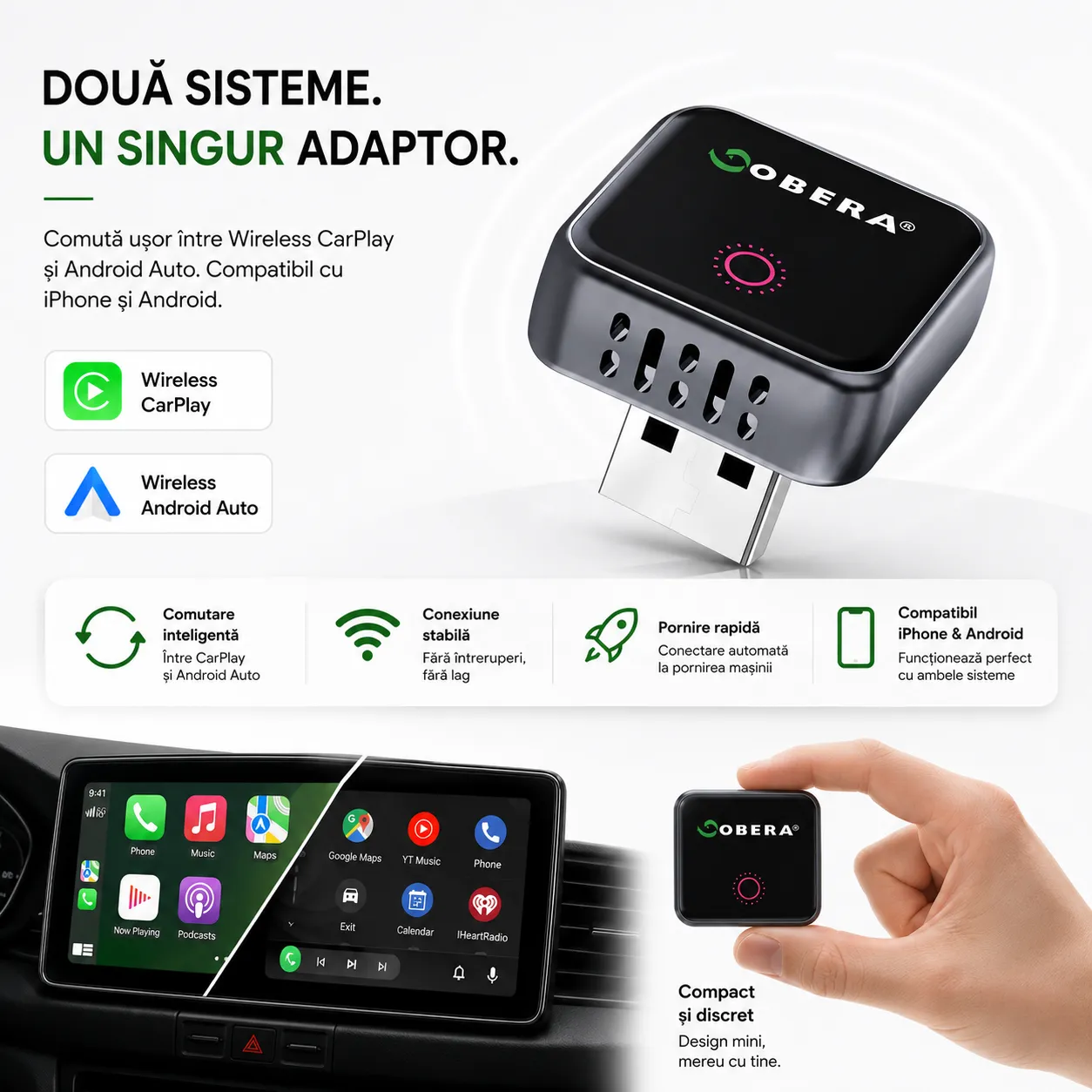 Apple CarPlay și Android Auto fără cablu cu goBERA Mini