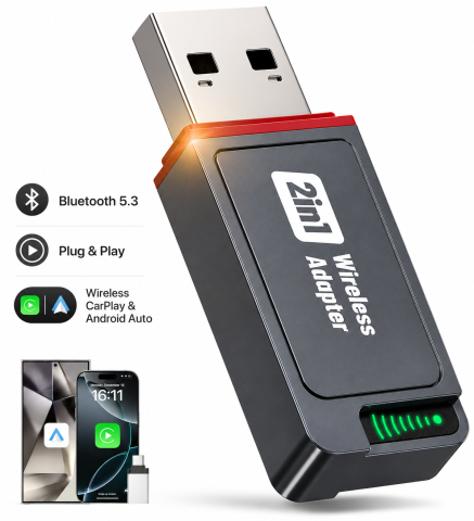 Adaptor CarPlay Wireless și Android Auto Wireless pentru iPhone și Android - Adaptor Wireless CarPlay & Android Auto goBERA®️ – Plug & Play, Reconectare Automata, Bluetooth 5.3, Wi-Fi 5G, Compatibil iPhone & Android, Control Vocal si Touch, Suport OEM, Negru