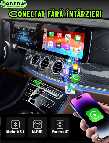 Adaptor Wireless CarPlay & Android Auto goBERA®️ – Plug & Play, Reconectare Automata, Bluetooth 5.3, Wi-Fi 5G, Compatibil iPhone & Android, Control Vocal si Touch, Suport OEM, Negru [4]