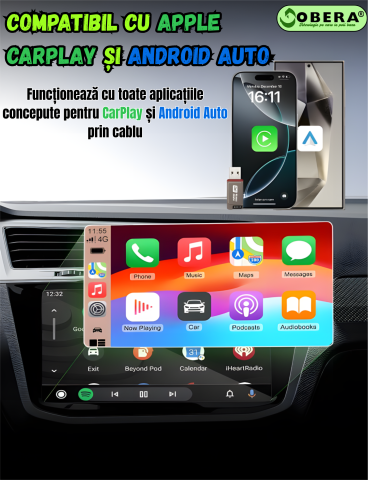 Adaptor Wireless CarPlay & Android Auto goBERA®️ – Plug & Play, Reconectare Automata, Bluetooth 5.3, Wi-Fi 5G, Compatibil iPhone & Android, Control Vocal si Touch, Suport OEM, Negru [5]
