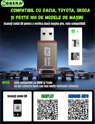 Adaptor Wireless CarPlay & Android Auto goBERA®️ – Plug & Play, Reconectare Automata, Bluetooth 5.3, Wi-Fi 5G, Compatibil iPhone & Android, Control Vocal si Touch, Suport OEM, Negru [6]