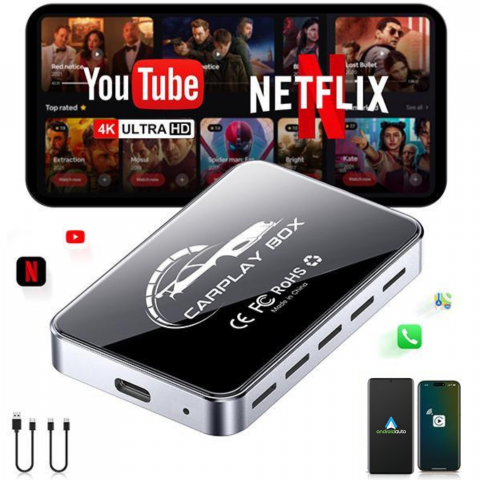 Smart Auto & Conectivitate - AI Box goBERA®, Adaptor Wireless CarPlay&Android Auto, Android 13, WiFi Dual 2.4/5GHz, HDMI 4K, Netflix, YouTube, Spotify, Bluetooth 5.0, Control Vocal, 4GB+32GB, Plug & Play pentru Masini cu CarPlay