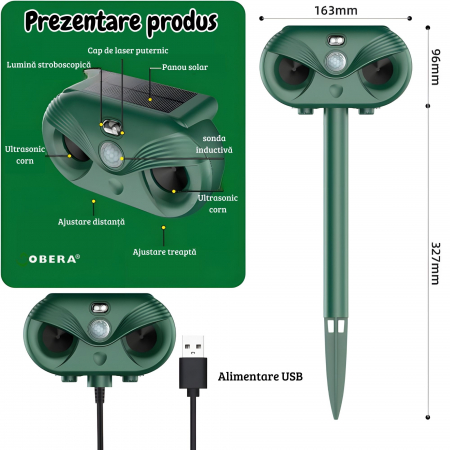 Aparat ultrasunete anti-daunatori goBERA®, Acumulator reincarcabil 1200mAh, Incarcare solara/USB, 5 moduri lucru, Reglaj intensitate, Senzor miscare, Rezistent la apa IP54, Impotriva animalelor salbat [8]