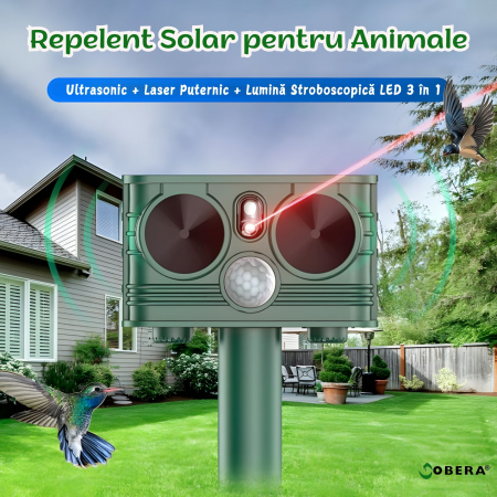 Aparat ultrasunete anti-daunatori goBERA®, Acumulator reincarcabil solar/USB, Anti rozatoare, Anti caini, Cerbi, Pisici, Unghi 120, Inerval 8-12m, Rezistent la apa IP54, Senzor miscare, Reglaj intensi [4]