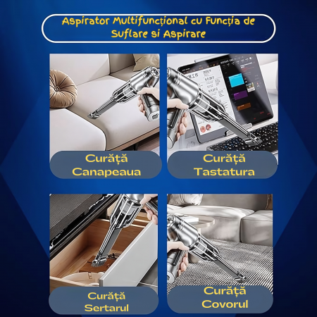 Aspirator de mana goBERA® Pro,3 in 1 portabil pentru Aspirare, Suflare, Sigilare, Tehnologie fara perii,2 viteze, Filtru HEPA, Senzor de incarcare/pornire,35500 Rpm,12000 Pa, Baterie 2x2000mAh, Utiliz [3]