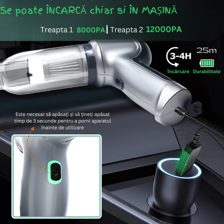 Aspirator de mana goBERA® Pro,3 in 1 portabil pentru Aspirare, Suflare, Sigilare, Tehnologie fara perii,2 viteze, Filtru HEPA, Senzor de incarcare/pornire,35500 Rpm,12000 Pa, Baterie 2x2000mAh, Utiliz [7]