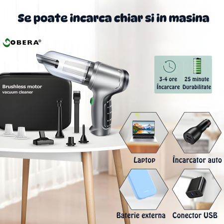 Aspirator de mana goBERA® Pro,3 in 1 portabil pentru Aspirare, Suflare, Sigilare, Tehnologie fara perii,2 viteze, Filtru HEPA, Senzor de incarcare/pornire,35500 Rpm,12000 Pa, Baterie 2x2000mAh, Utiliz [6]
