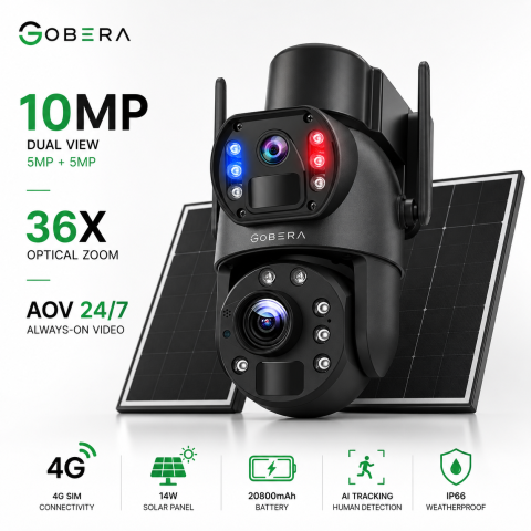 Camere AOV 4G cu Panou Solar - Camera 4G Solară goBERA®, 10MP (5MP + 5MP), Zoom Optic 36X, AOV 24/7, Panou Solar 14W, Baterie 20800mAh, AI Tracking, IP66