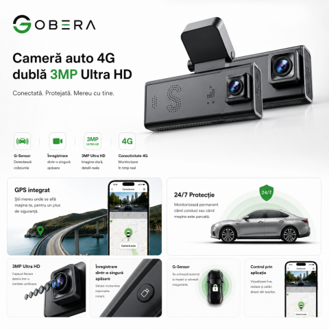 Camera auto de bord, Supraveghere parcare, 4G, GPS goBERA®, Dual Lens 3MP+3MP, Radar fata spate, OBD, Vedere nocturna, WiFi, Full HD, Monitorizare Parcare 24H, Aplicatie dedicata [1]