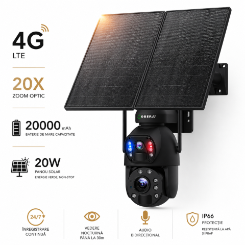 Camere de supraveghere - Camera de Supraveghere 24/7 goBERA®, 3MP+3MP, Panou Solar 20W, Baterie 20000mAh, Zoom Optic 20X, Detectie Umana PIR, Vedere Nocturna 30m, Pan-Tilt, Audio Bidirectional, IP66, Stocare Cloud/TF 128GB