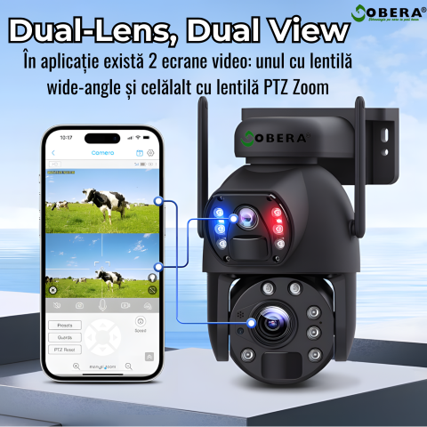 Camera de Supraveghere 24/7 goBERA®, 3MP+3MP, Panou Solar 20W, Baterie 20000mAh, Zoom Optic 20X, Detectie Umana PIR, Vedere Nocturna 30m, Pan-Tilt, Audio Bidirectional, IP66, Stocare Cloud/TF 128GB [6]