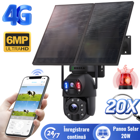 Camere de supraveghere 4G cu panou solar – autonomie și protecție oriunde - Camera de Supraveghere 24/7 goBERA®, 3MP+3MP, Panou Solar 20W, Baterie 20000mAh, Zoom Optic 20X, Detectie Umana PIR, Vedere Nocturna 30m, Pan-Tilt, Audio Bidirectional, IP66, Stocare Cloud/TF 128GB