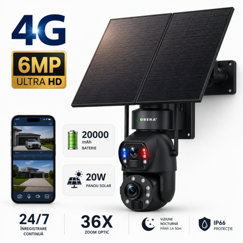 Camera de Supraveghere goBERA® 24/7 – 3MP+3MP, 4G, Panou Solar 20W, Baterie 20000mAh, Zoom 36X, Vedere Nocturnă 50m, PTZ Bullet, Detectare Umanoida AI