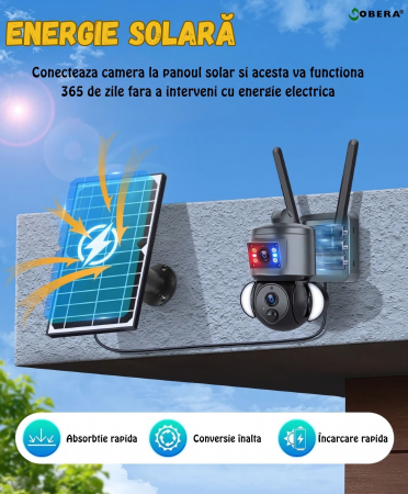 Camera de supraveghere goBERA® 3MP+3MP Ultra HD, WIFI, Panou Solar de 6W inclus, IP 66, Acumulator incorporat 12000mah, Lentile Duale, PTZ Bullet, Rotire 355°, Alarma, Night Vision Color, Microfon Inc [7]