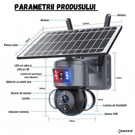 Camera de supraveghere goBERA® 3MP+3MP Ultra HD, WIFI, Panou Solar de 6W inclus, IP 66, Acumulator incorporat 12000mah, Lentile Duale, PTZ Bullet, Rotire 355°, Alarma, Night Vision Color, Microfon Inc [8]