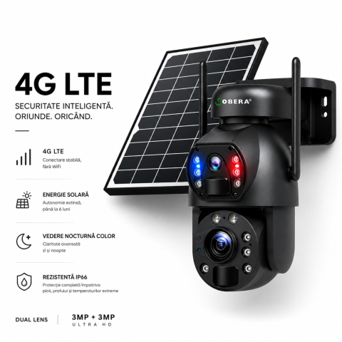 Camera de supraveghere goBERA® 3MPx+3MPx, Conexiune4G, Zoom Optic 20x, Panou Solar 6W, Acumulatori 12000 mAh, PTZ Bullet, Lentile Duale, Auto Tracking, Rotire 355°,10 Leduri, Senzori miscare IR 50m