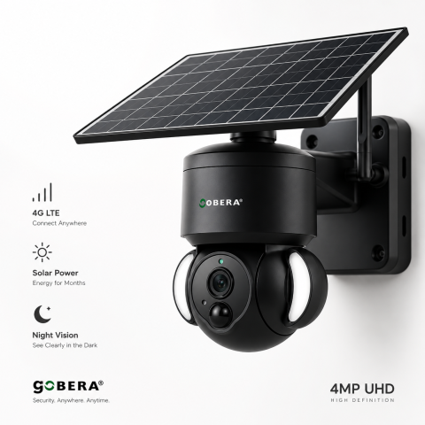 Camere de supraveghere 4G cu panou solar - Camera de supraveghere goBERA®,4MP, Conexiune 4G, Acumulator incorporat 12000 mAh, Panou solar de 5 W, Micro SD, Full Color Night Vision, Functie PIR cu unghi de detectare 120°, Unghi PTZ, Comunicare