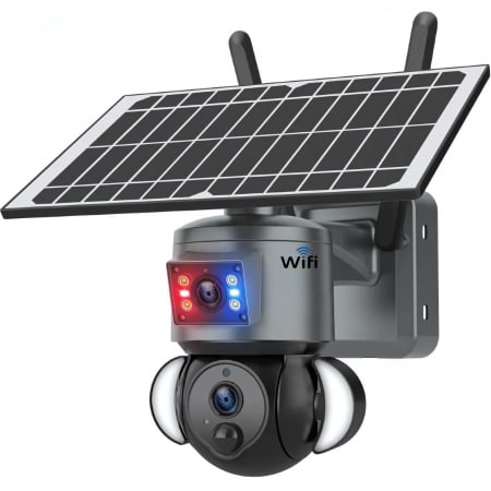Camere de Supraveghere Smart pentru Exterior și Interior | goBERA® - Camera supraveghere goBERA® 3MP+3MP WiFi, Dual Lens, Solar 6W, Acumulator 12000mAh, PTZ 355°, Night Vision Color, IP66, Audio, Alarma, Gri