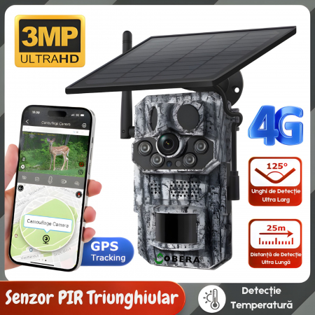 ✨ SMART DEALS - Camera de supraveghere goBERA® Solara 4G, 3MP HD, Panou Solar 6W, Baterie 7800mAh, Detectare PIR Tripla, Recunoastere Animala, Audio Bidirectional, GPS, Full Color Night Vision, Stocare TF/Cloud