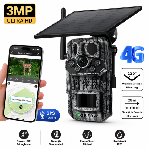 Camere 4G de vânătoare cu panou solar - Camera de supraveghere goBERA® Solara 4G, 3MP HD, Panou Solar 6W, Baterie 7800mAh, Detectare PIR Tripla, Recunoastere Animala, Audio Bidirectional, GPS, Full Color Night Vision, Stocare TF/Cloud