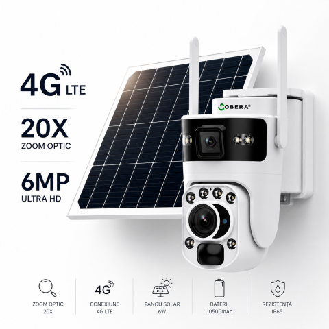 Camera de Supraveghere Solara 6MP goBERA®️, Zoom Optic 20X, Dual Lens, 4G SIM, PTZ 355°/90°, Panou Solar 6W, Baterie 10050mAh, Viziune Nocturna Color + IR, Audio Bidirectional, Tracking Uman, IP66, Cl [8]