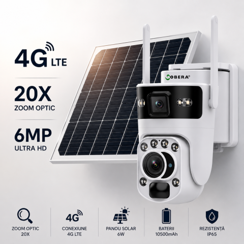 Camere de supraveghere - Camera de Supraveghere Solara 6MP goBERA®️, Zoom Optic 20X, Dual Lens, 4G SIM, PTZ 355°/90°, Panou Solar 6W, Baterie 10050mAh, Viziune Nocturna Color + IR, Audio Bidirectional, Tracking Uman, IP66, Cl