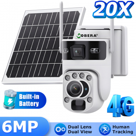 Camere de supraveghere 4G cu panou solar - Camera de Supraveghere Solara 6MP goBERA®️, Zoom Optic 20X, Dual Lens, 4G SIM, PTZ 355°/90°, Panou Solar 6W, Baterie 10050mAh, Viziune Nocturna Color + IR, Audio Bidirectional, Tracking Uman, IP66, Cl