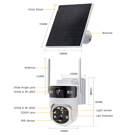 Camera de Supraveghere Solara cu 3 Lentile goBERA®️, Zoom Hibrid 15X, 4G, Panou Solar 5W, Baterie 7800mAh, IR + LED, Viziune Nocturna Color, PTZ 350°/90°, Detectare Umana si Tracking AI [11]