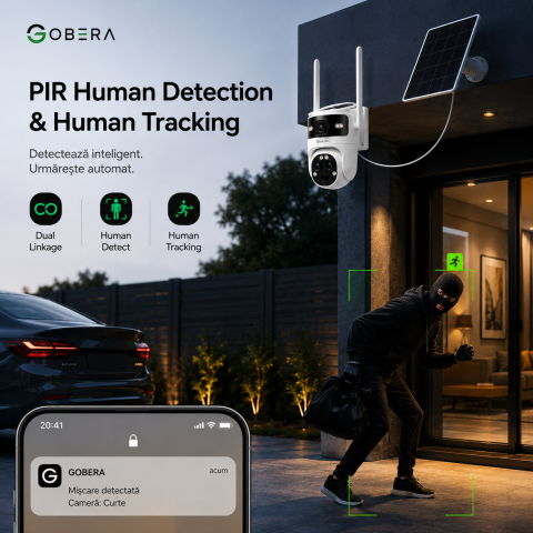Camera de Supraveghere Solara cu 3 Lentile goBERA®️, Zoom Hibrid 15X, 4G, Panou Solar 5W, Baterie 7800mAh, IR + LED, Viziune Nocturna Color, PTZ 350°/90°, Detectare Umana si Tracking AI [3]