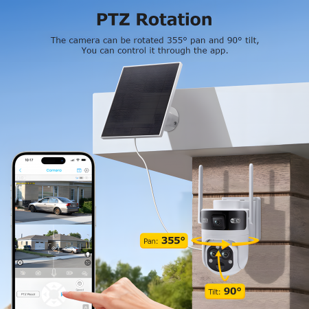 Camera de Supraveghere Solara cu 3 Lentile goBERA®️, Zoom Hibrid 15X, 4G, Panou Solar 5W, Baterie 7800mAh, IR + LED, Viziune Nocturna Color, PTZ 350°/90°, Detectare Umana si Tracking AI [9]