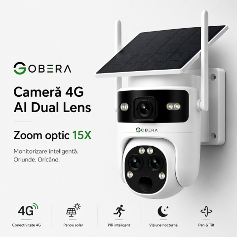 Camere de supraveghere 4G cu panou solar - Camera de Supraveghere Solara cu 3 Lentile goBERA®️, Zoom Hibrid 15X, 4G, Panou Solar 5W, Baterie 7800mAh, IR + LED, Viziune Nocturna Color, PTZ 350°/90°, Detectare Umana si Tracking AI
