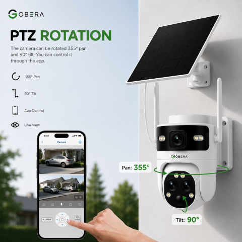 Camera de Supraveghere Solara cu 3 Lentile goBERA®️, Zoom Hibrid 15X, 4G, Panou Solar 5W, Baterie 7800mAh, IR + LED, Viziune Nocturna Color, PTZ 350°/90°, Detectare Umana si Tracking AI [9]