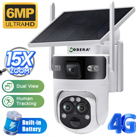 Camere de supraveghere 4G cu panou solar - Camera de Supraveghere Solara cu 3 Lentile goBERA®️, Zoom Hibrid 15X, 4G, Panou Solar 5W, Baterie 7800mAh, IR + LED, Viziune Nocturna Color, PTZ 350°/90°, Detectare Umana si Tracking AI