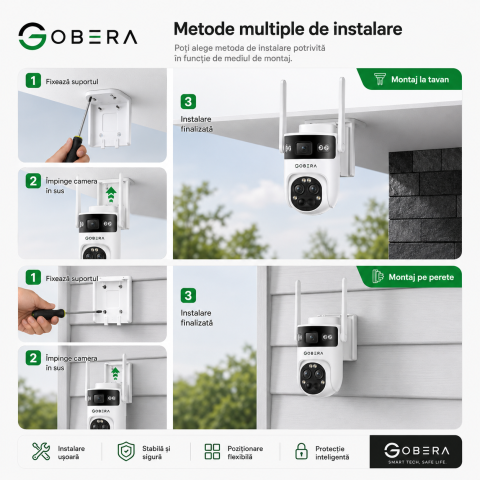 Camera de Supraveghere Solara cu 3 Lentile goBERA®️, Zoom Hibrid 15X, 4G, Panou Solar 5W, Baterie 7800mAh, IR + LED, Viziune Nocturna Color, PTZ 350°/90°, Detectare Umana si Tracking AI [6]