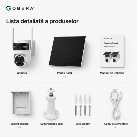 Camera de Supraveghere Solara cu 3 Lentile goBERA®️, Zoom Hibrid 15X, 4G, Panou Solar 5W, Baterie 7800mAh, IR + LED, Viziune Nocturna Color, PTZ 350°/90°, Detectare Umana si Tracking AI [13]