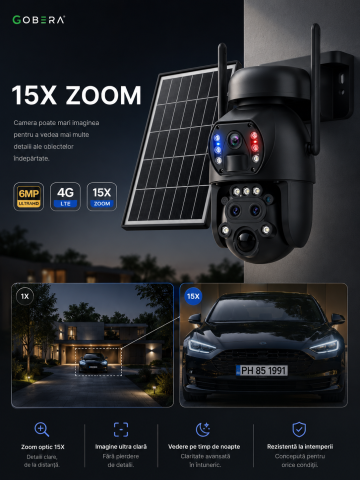 Camera de Supraveghere Solara cu 3 Lentile goBERA®️, Zoom Hibrid 15X, 4G, Panou Solar 6W, Baterie 12000mAh, IR + LED, Viziune Nocturna Color, PTZ 350°/90°, Detectare Umana si Tracking, Audio Bidirecti [13]