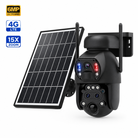 Camere de supraveghere - Camera de Supraveghere Solara cu 3 Lentile goBERA®️, Zoom Hibrid 15X, 4G, Panou Solar 6W, Baterie 12000mAh, IR + LED, Viziune Nocturna Color, PTZ 350°/90°, Detectare Umana si Tracking, Audio Bidirecti