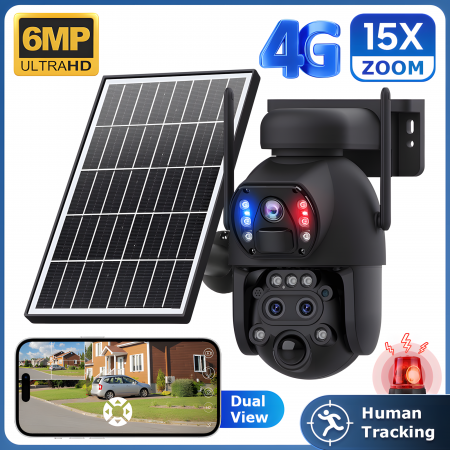 Camere de supraveghere 4G cu panou solar - Camera de Supraveghere Solara cu 3 Lentile goBERA®️, Zoom Hibrid 15X, 4G, Panou Solar 6W, Baterie 12000mAh, IR + LED, Viziune Nocturna Color, PTZ 350°/90°, Detectare Umana si Tracking, Audio Bidirecti