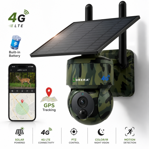 Camere 4G de vânătoare cu panou solar - Camera de Supraveghere Solară cu GPS goBERA®, 3MP, 4G, Panou Solar 5W, IR 940NM, Viziune Nocturnă HD, Pan-Tilt 355°/90°, Unghi PTZ, Detectare Mișcare PIR, Audio Bidirecțional, IP66, Baterie 7800mAh