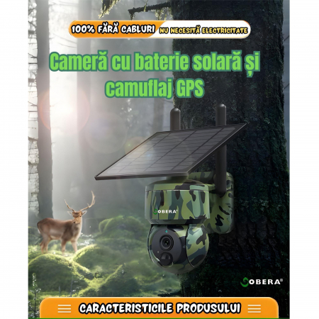 Camera de Supraveghere Solara cu GPS goBERA®, 3MP, 4G, Panou solar 5w, IR 940NM, Viziune Nocturna, Pan-Tilt 355°/90°, Unghi PTZ, Detectare Miscare PIR, Audio Bidirectional, IP66, Baterie 7800mAh, Obie [1]