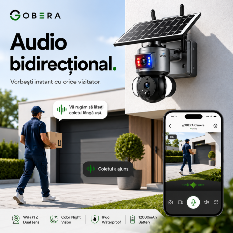 Camera de supraveghere solara goBERA® 3MP + 3MP, lentile duale, PTZ 355°, panou solar 6W, WiFi, IP66, night vision color [2]