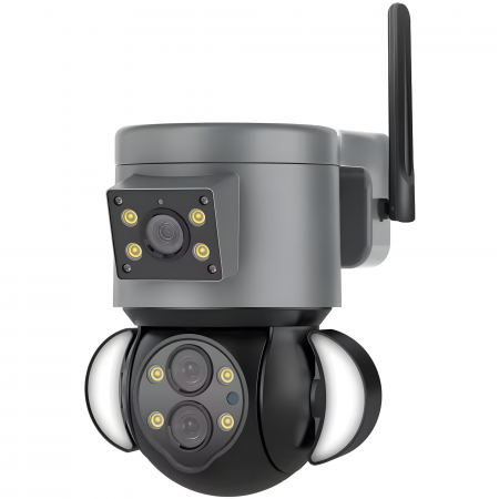 Camere de Supraveghere Smart pentru Exterior și Interior | goBERA® - Camera Securitate Wireless goBERA®, 4MP + 4MP Super HD, Zoom Optic 10X, PTZ Bullet, Lentile Duale, Monitorizare Avansata, Miscare si Audio Bidirectional, Viziune Nocturna Color, Rotire 355°, IP65, Gri