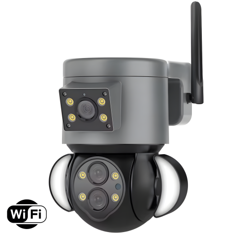 Camere de Supraveghere Smart pentru Exterior și Interior | goBERA® - Camera Securitate Wireless goBERA®, 4MP + 4MP Super HD, Zoom Optic 10X, PTZ Bullet, Lentile Duale, Monitorizare Avansata, Miscare si Audio Bidirectional, Viziune Nocturna Color, Rotire 355°, IP65, Gri