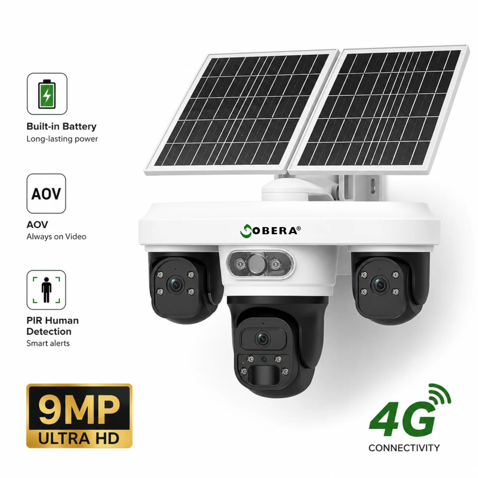 Camere de supraveghere 4G cu panou solar - Camera Supraveghere 4G Solară goBERA®, 3 Lentile AOV, AI Detecție și Urmărire Umană, Baterie 20100mAh, Nano SIM, IP66