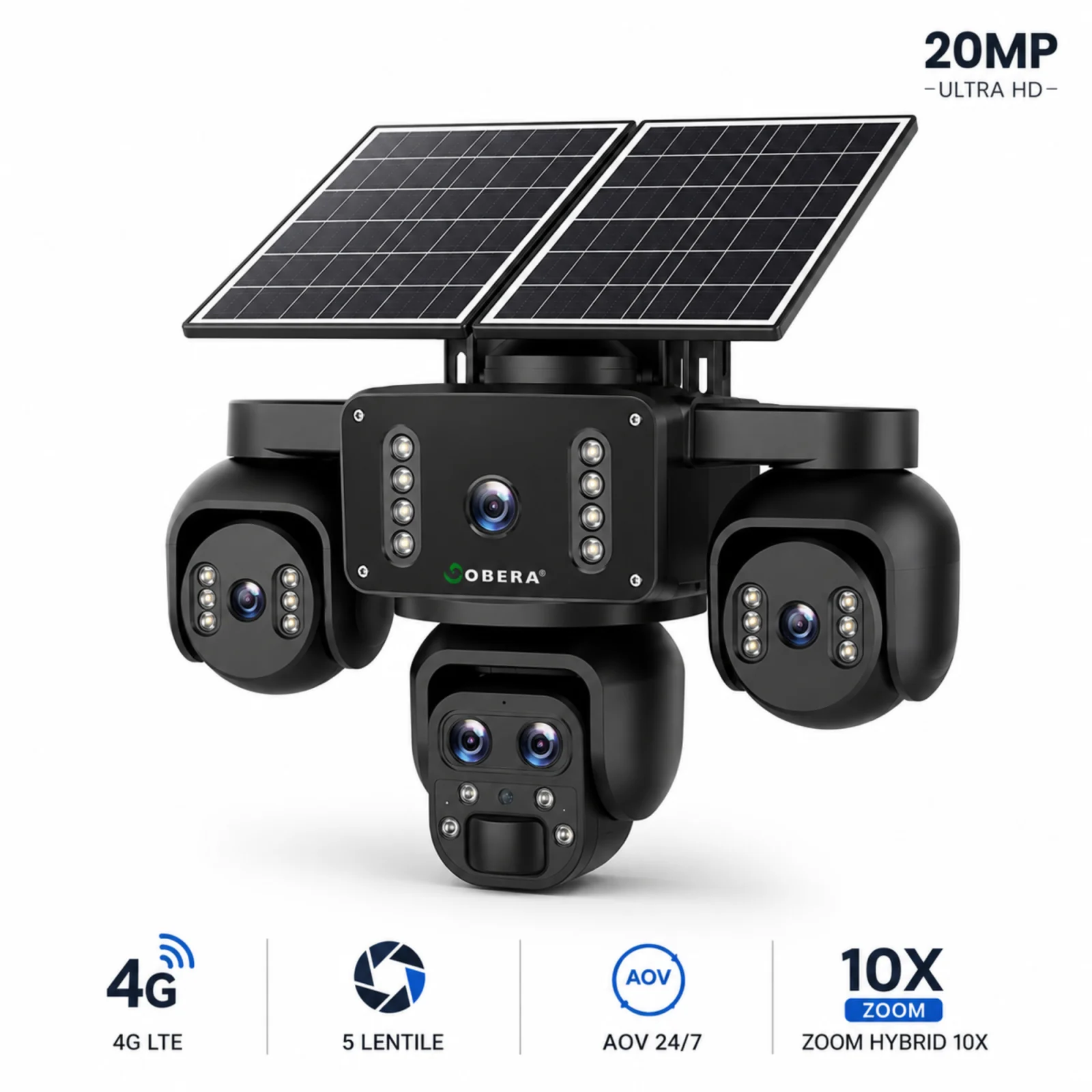 Camere de supraveghere 4G cu panou solar - Camera Supraveghere 4G Solara goBERA® 5 Lentile, 4 Canale Simultan, PTZ, Zoom 10X, Detectie Umana AI, Baterie 20100mAh, Night Vision Color, IP66, SIM, Fara WiFi, Audio Bidirectional