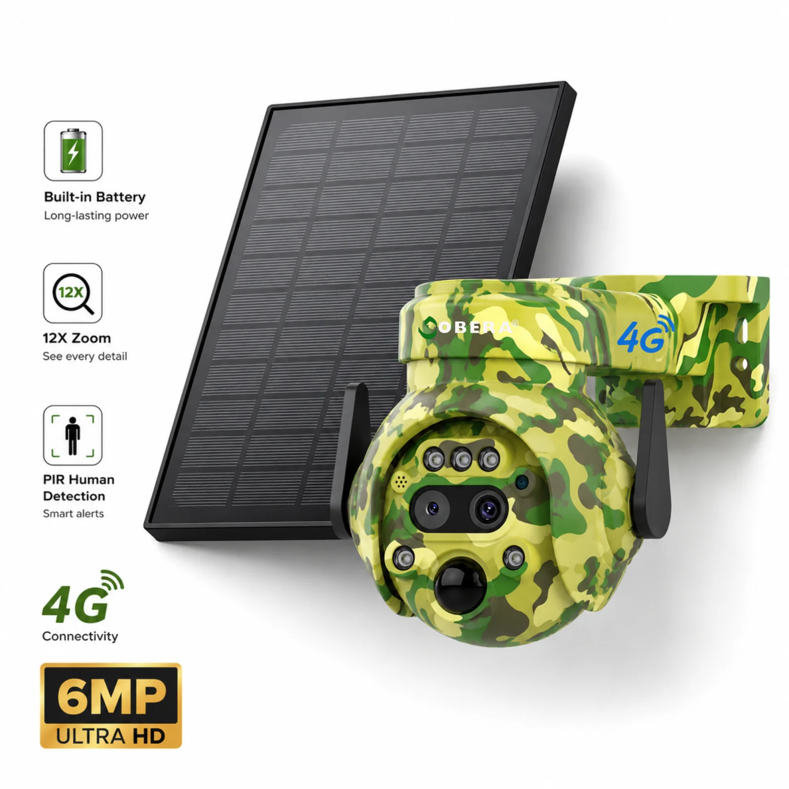 Camere 4G de vanatoare cu panou solar - Cameră Supraveghere 4G Solară goBERA® Smart Security, 6MP, PTZ Camuflaj, Zoom Optic 12X, Detectare PIR, Audio Bidirecțional, pentru Curți, Cabane, Ferme și Terenuri, IP65