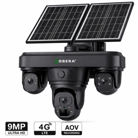 Camere AOV 4G cu Panou Solar - Camera Supraveghere Exterior 4G Solară AOV 3 Lentile goBERA®, AI Detectie Umana, Baterie 20100mAh, IP66, SIM 4G